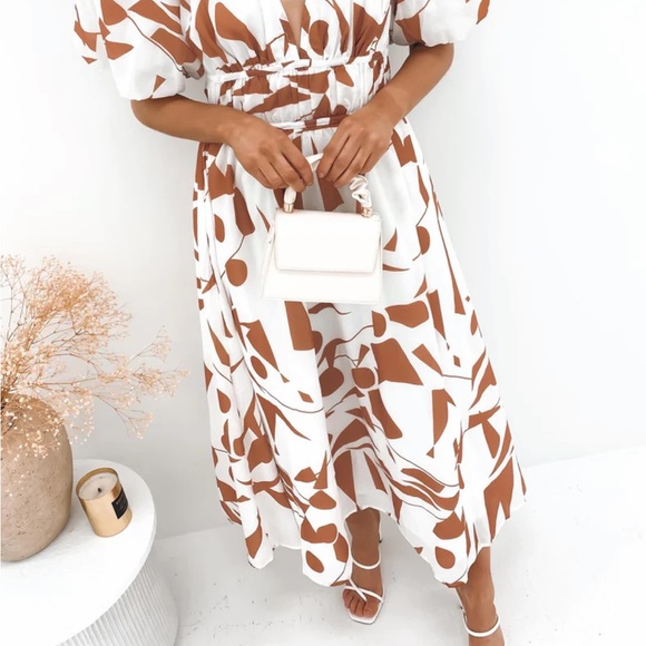 Tali Midi Dress Tan Size 8-10 Puff Sleeve Neutral Cocktail Party - Picture 3 of 3